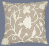 Crewel Embroidered Linen Cushion Cover, White on Beige #CW622