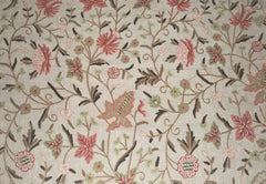 Linen Crewel Embroidered Fabric Floral Beige, Multicolor #FLR603