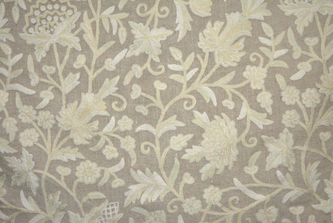 Linen Crewel Embroidered Fabric Floral Beige, Multicolor #FLR621