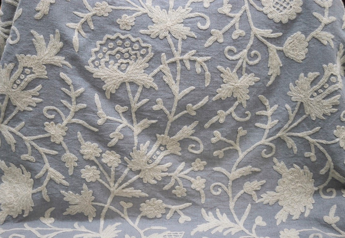 Linen Crewel Embroidered Fabric Floral, White on Grey #FLR641