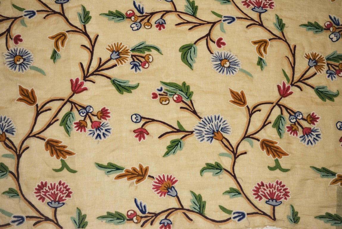 Linen Crewel Embroidered Sheer Fabric Beige, Multicolor #FLR612