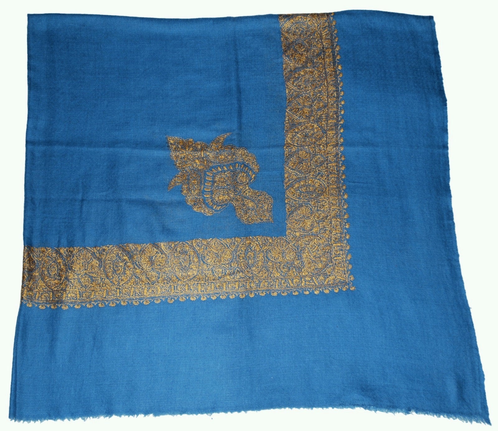 Kashmir Pashmina "Sozni" Needlework Embroidered Arab Scarf Shemagh Shawl, Gold on Teal #PRM-402