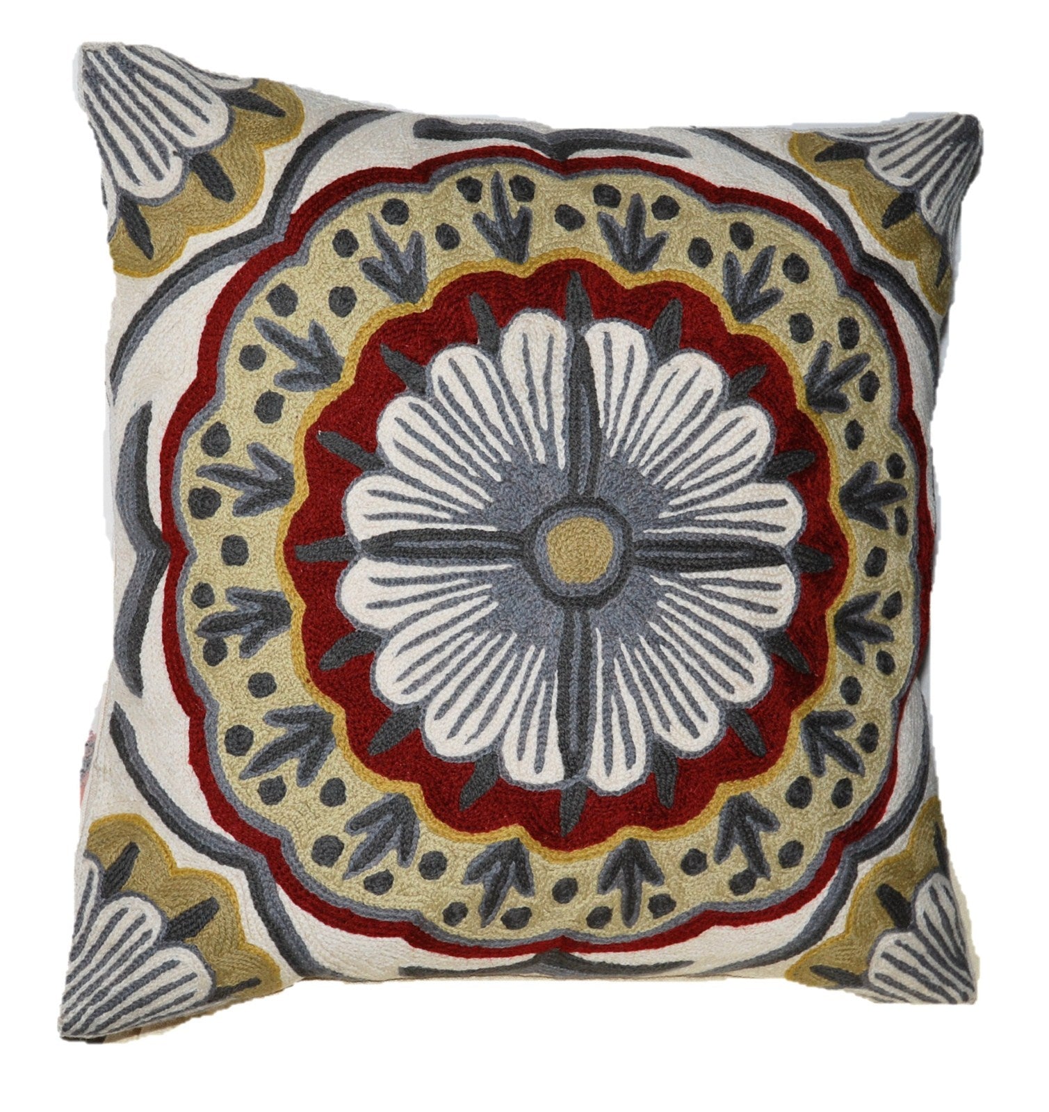 Crewel Wool Embroidered Cushion Throw Pillow Cover, Multicolor #CW1007