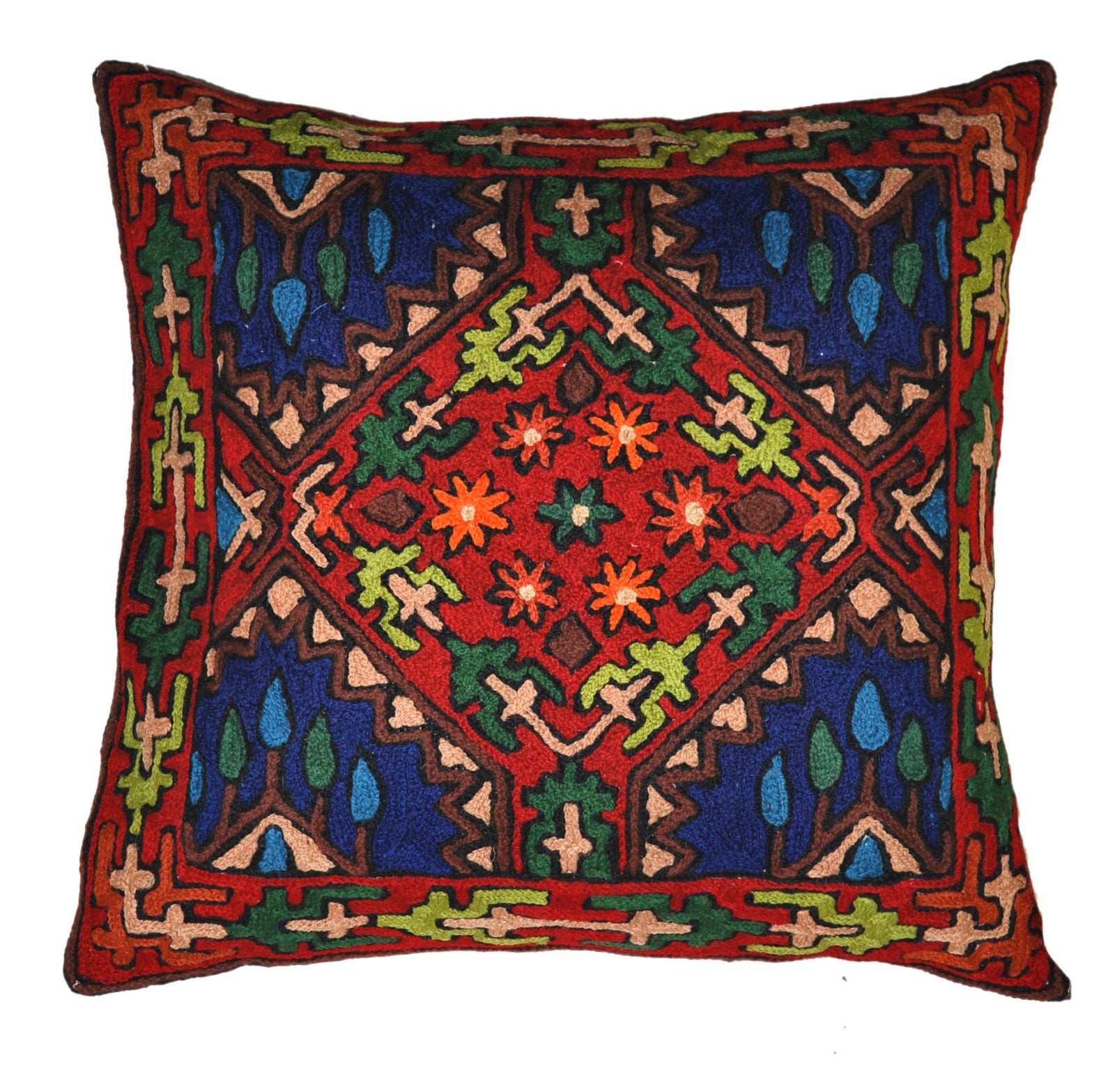 Crewel Wool Embroidered Cushion Throw Pillow Cover, Multicolor #CW1009
