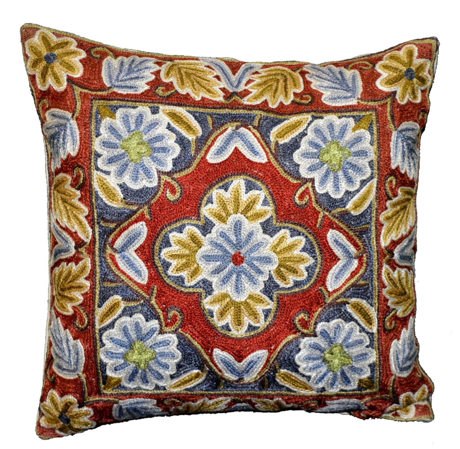 Crewel Silk Embroidered Cushion Throw Pillow Cover, Multicolor #CW2002
