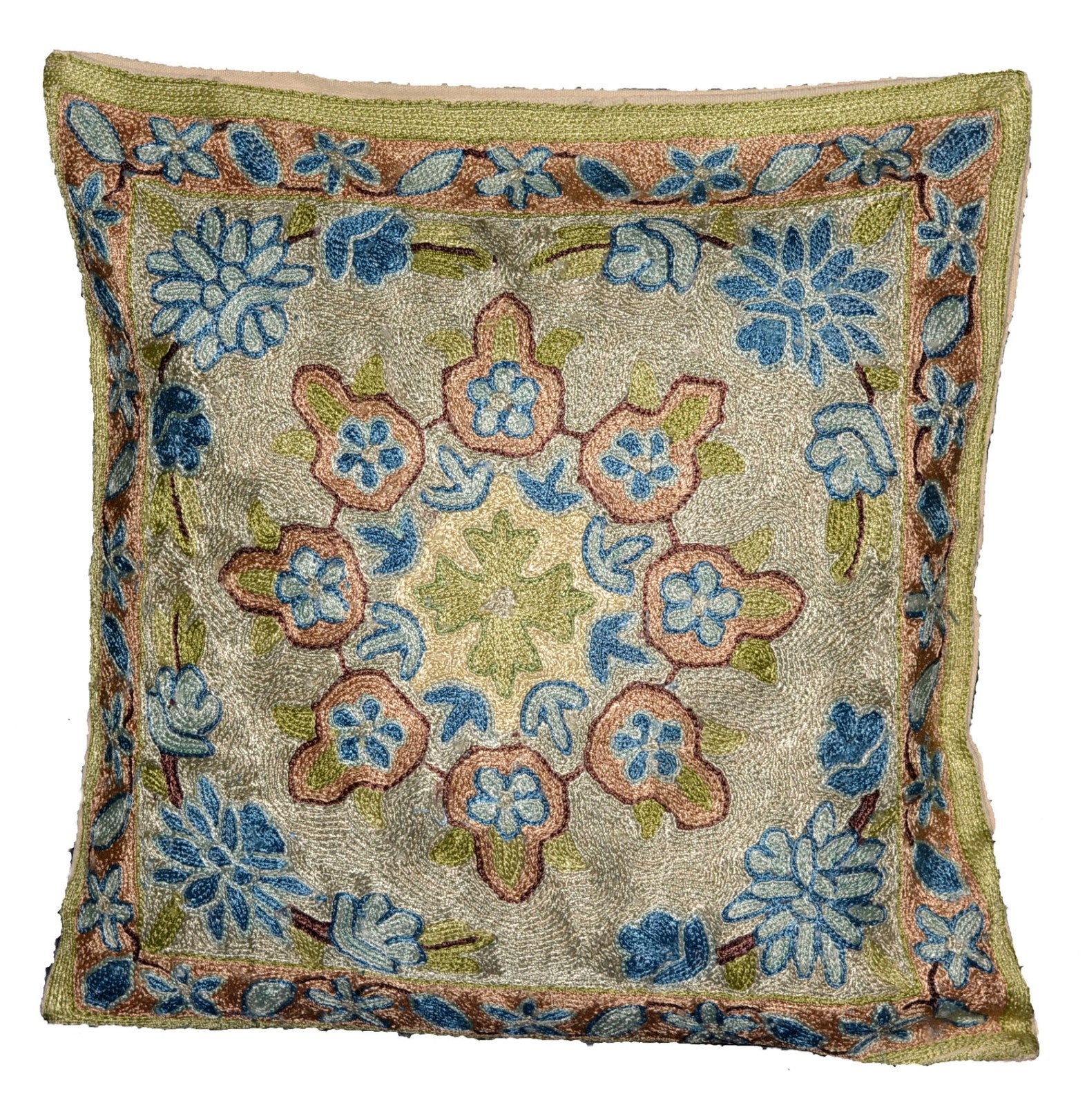 Crewel Silk Embroidered Cushion Cover, Multicolor #CW2004