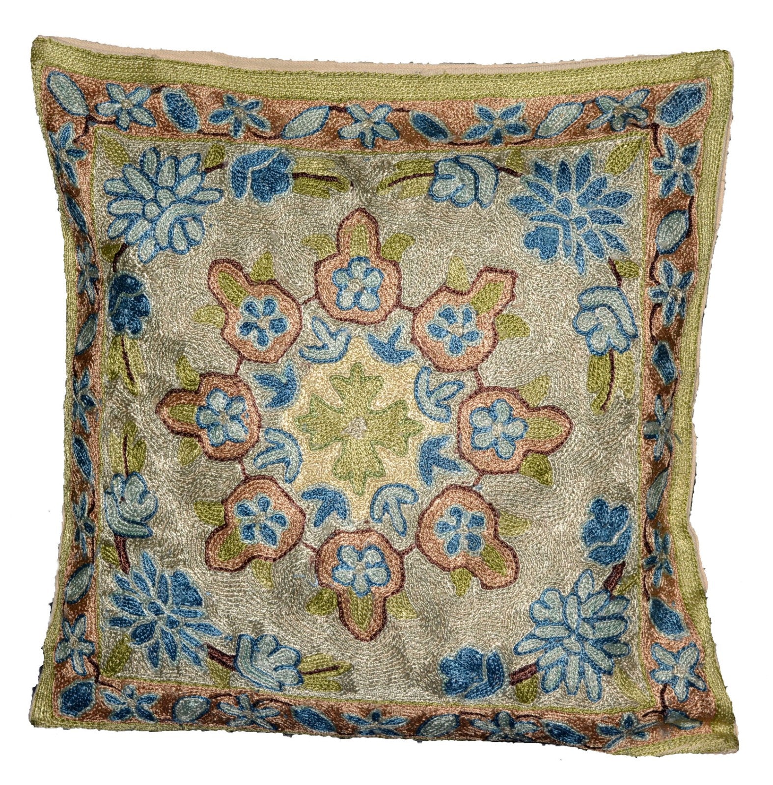 Crewel Silk Embroidered Cushion Throw Pillow Cover, Multicolor #CW2004