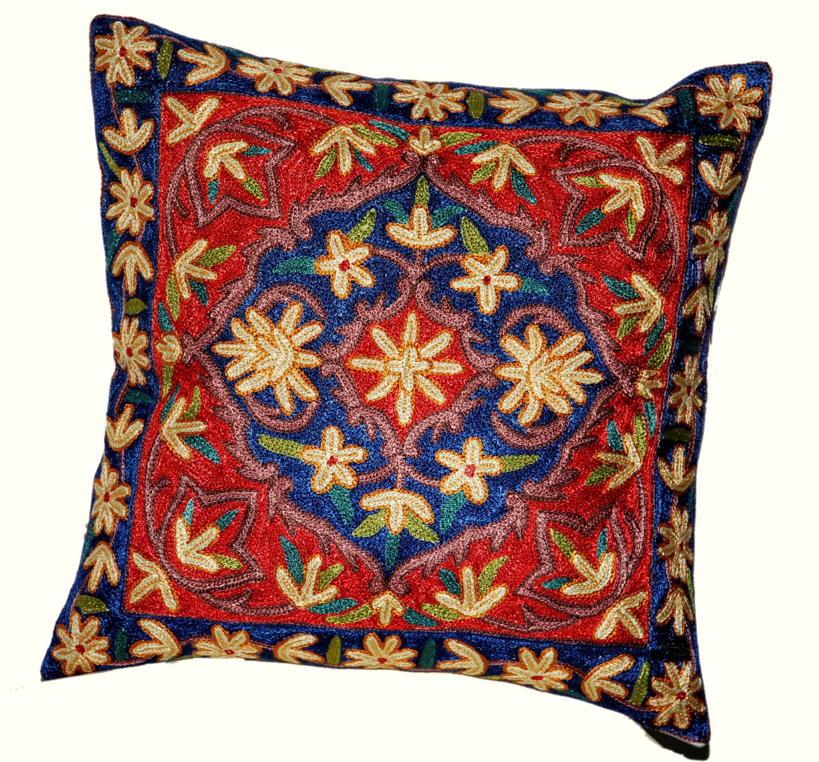 Crewel Silk Embroidered Cushion Throw Pillow Cover, Multicolor #CW2009