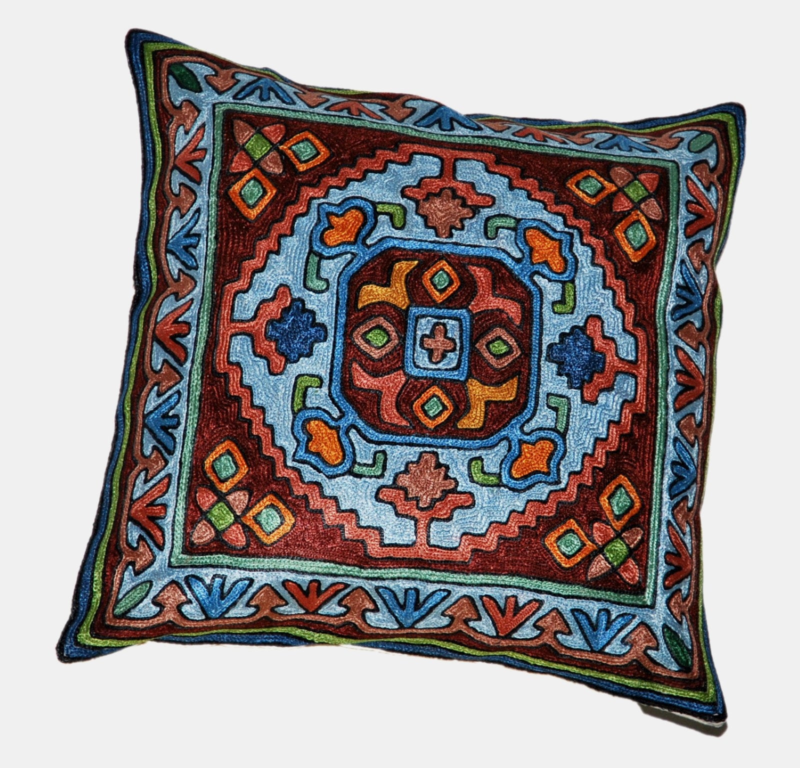 Crewel Silk Embroidered Cushion Throw Pillow Cover, Multicolor #CW2010