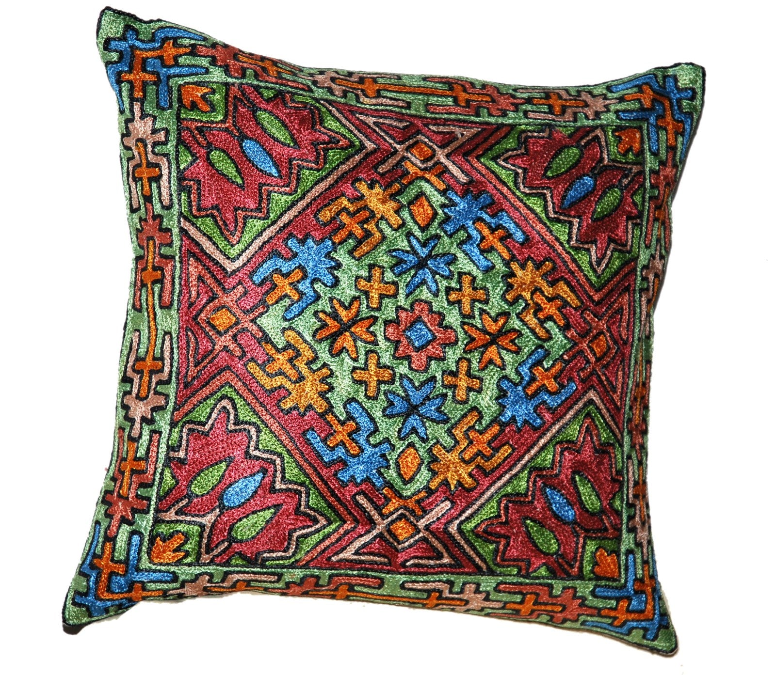 Crewel Silk Embroidered Cushion Throw Pillow Cover, Multicolor #CW2015
