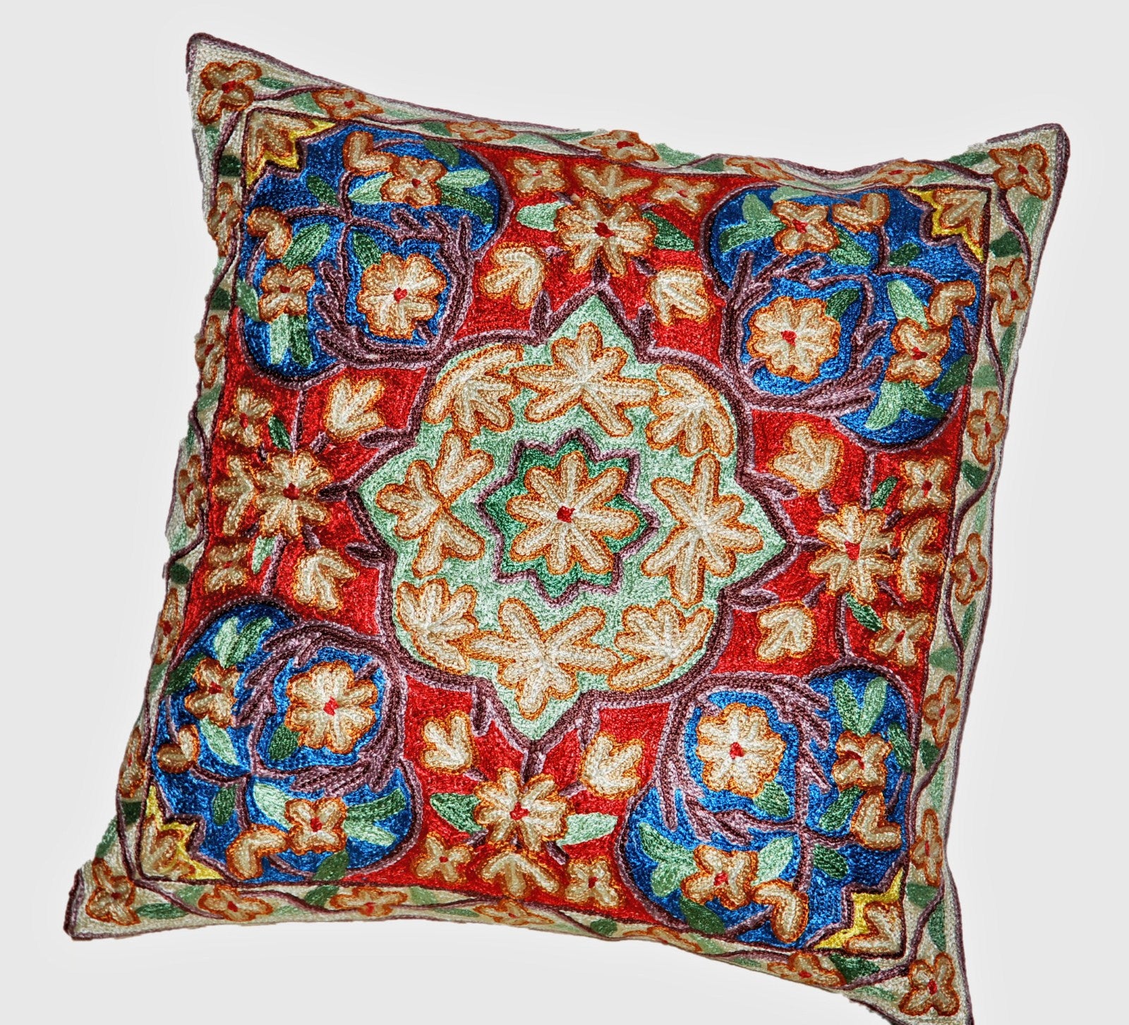 Crewel Silk Embroidered Cushion Throw Pillow Cover, Multicolor #CW2016