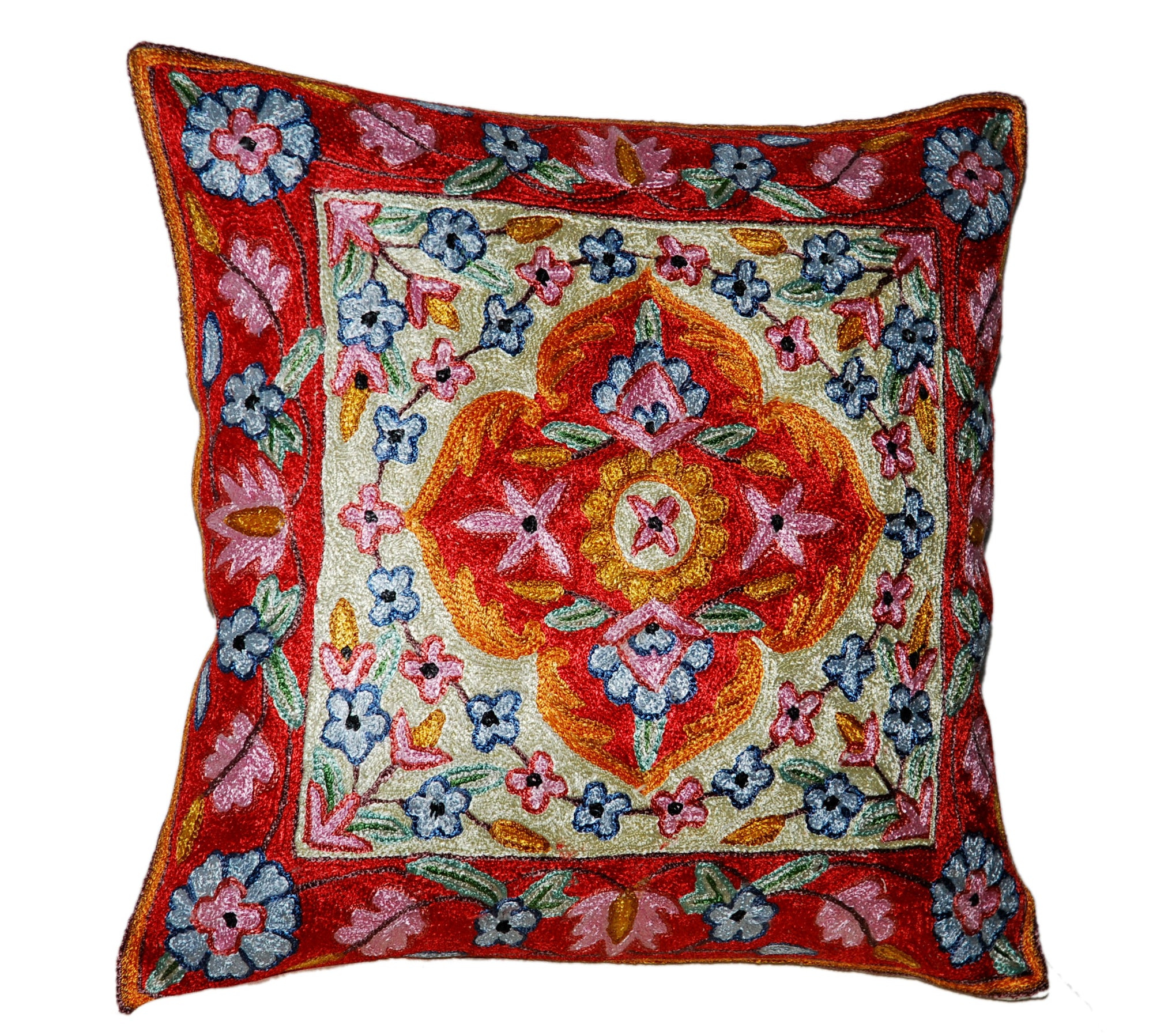 Crewel Silk Embroidered Cushion Throw Pillow Cover, Multicolor #CW2018
