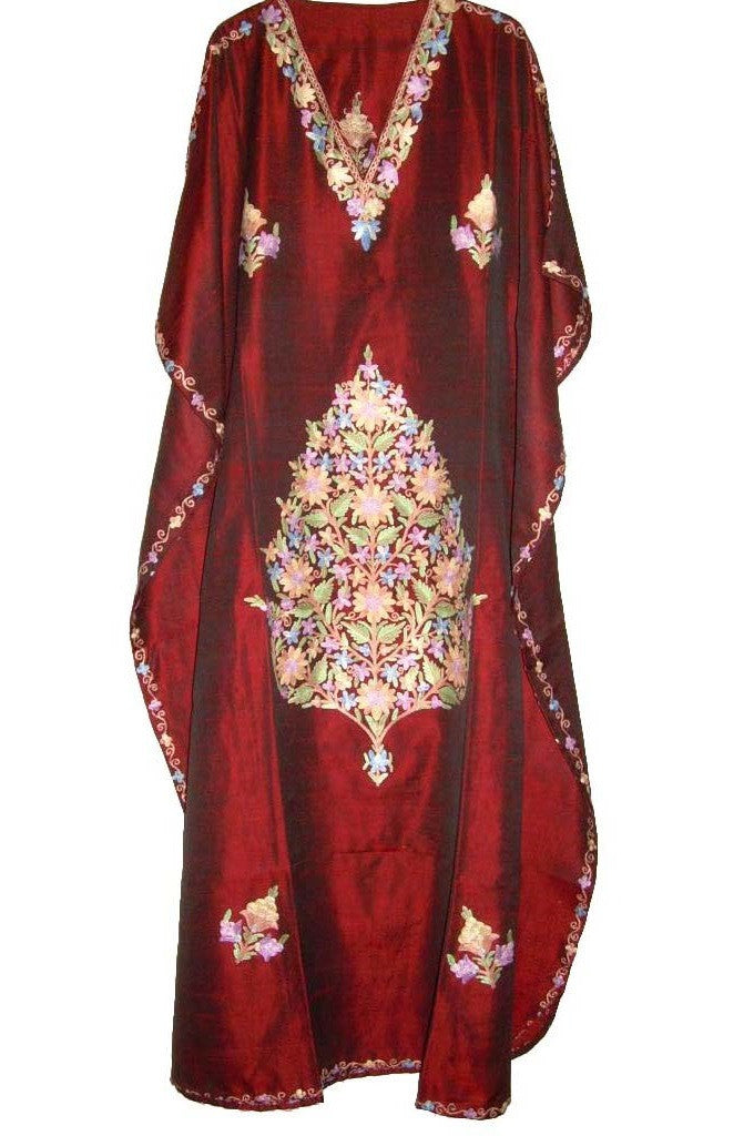 Silk Embroidered Kaftan Caftan Maroon, Multicolor Embroidery #SKF-001