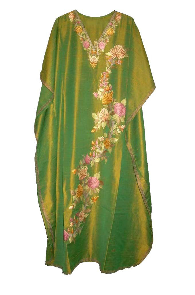 Silk Embroidered Kaftan Caftan Green, Multicolor Embroidery #SKF-004