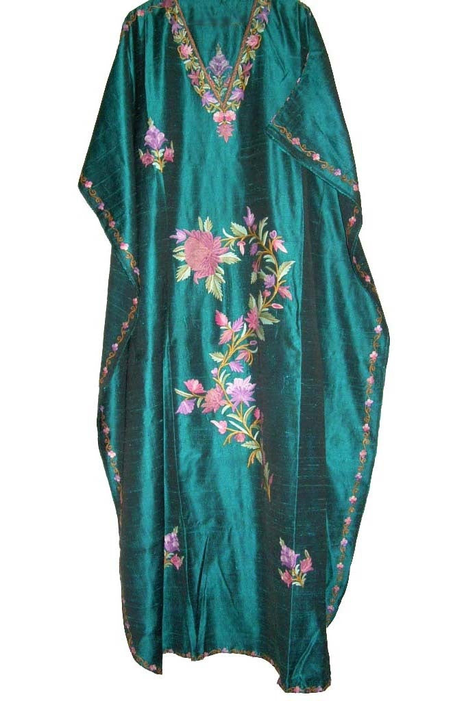 Silk Embroidered Kaftan Caftan Green, Multicolor Embroidery #SKF-006