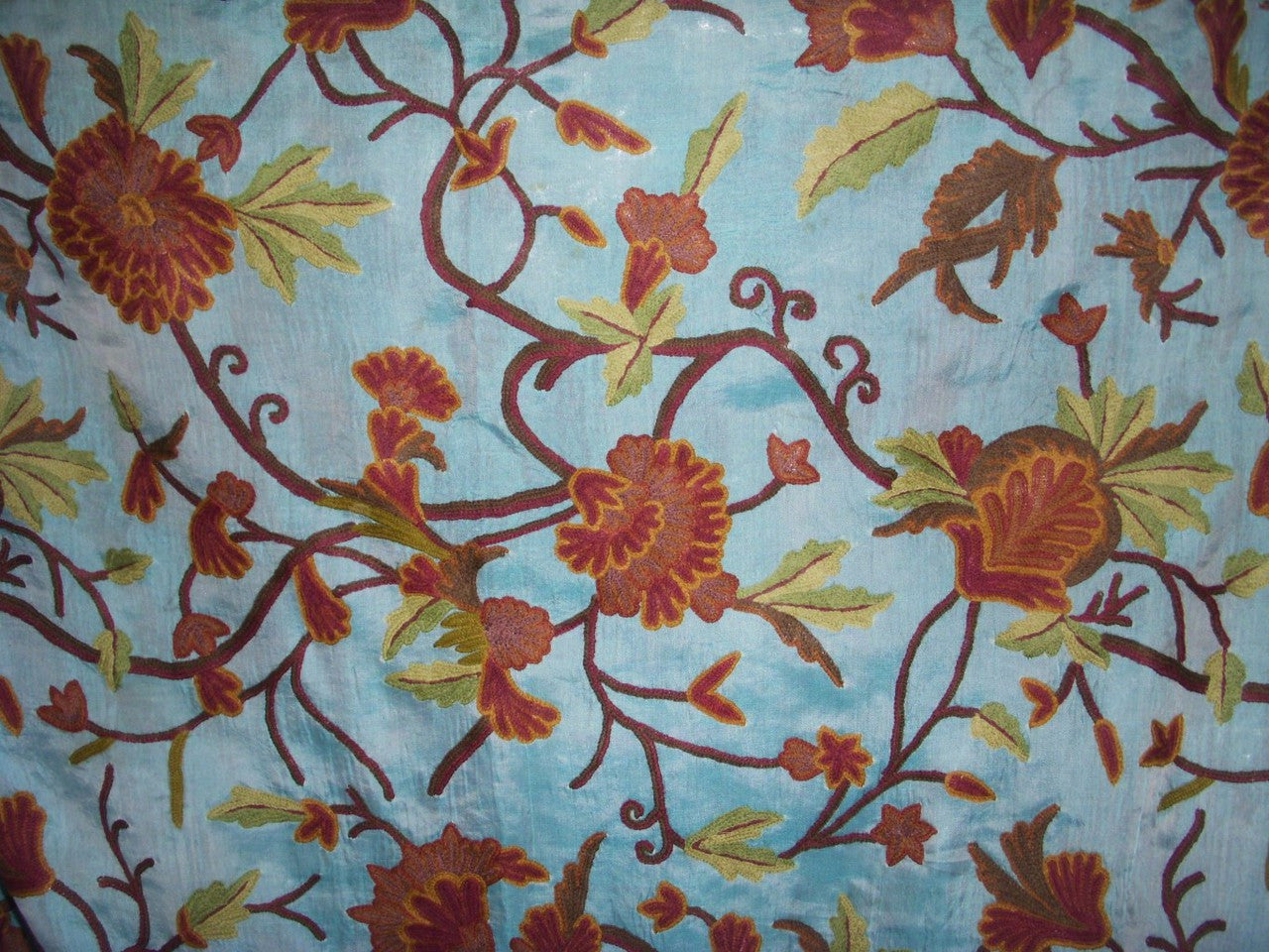 Silk Organza Crewel Embroidered Sheer Fabric Sky Blue, Multicolor #SL201