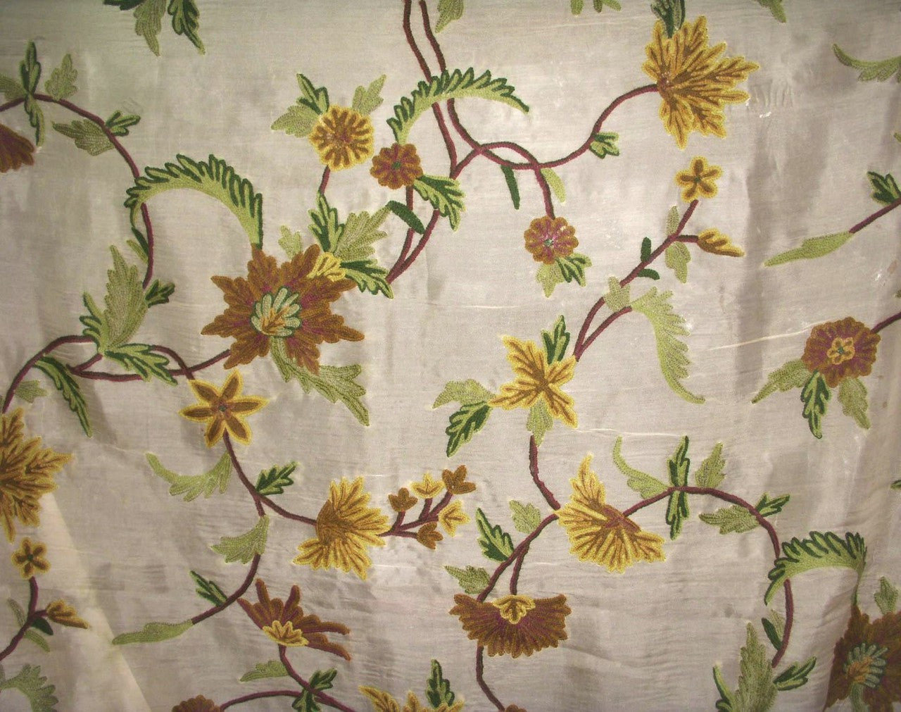 Silk Organza Crewel Embroidered Sheer Fabric Off-White, Multicolor #SL502