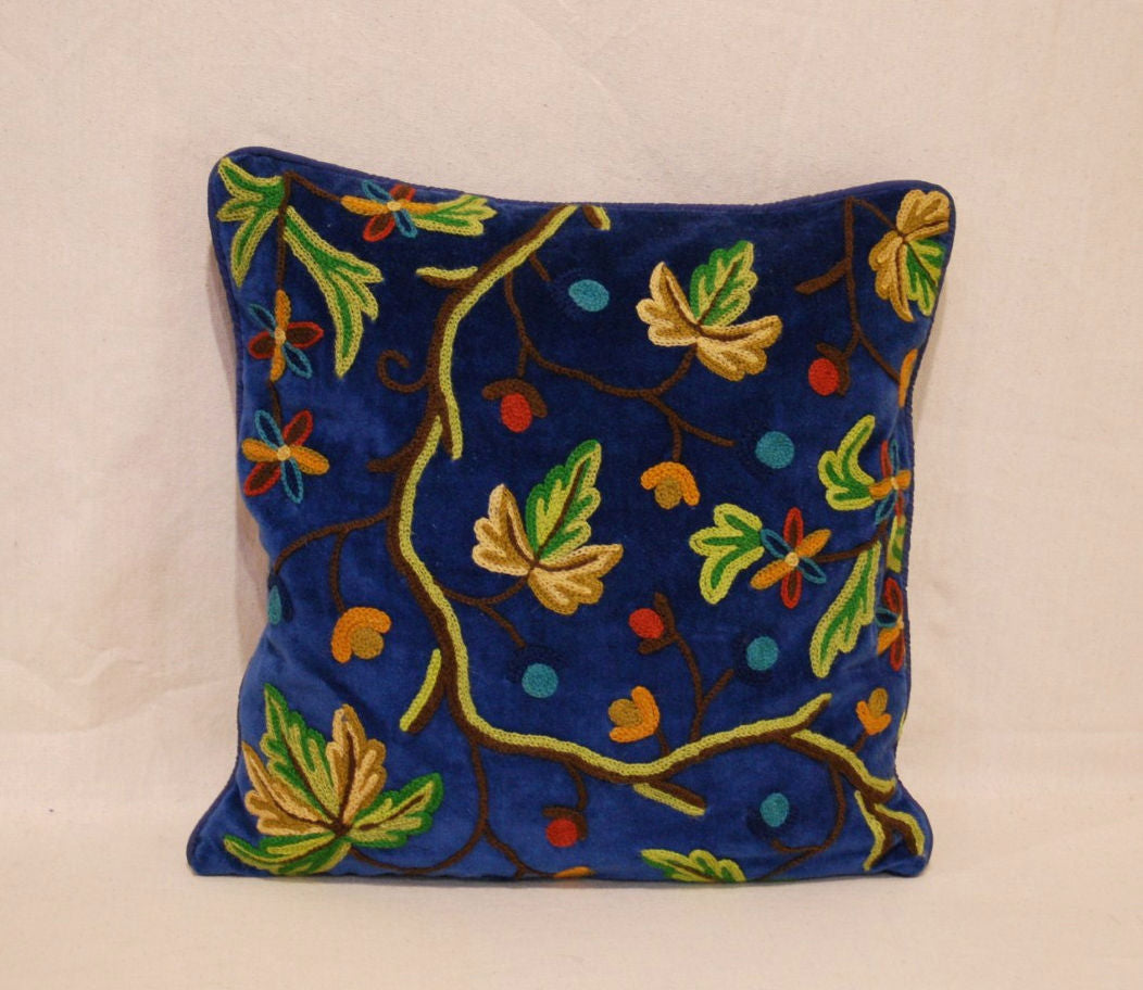 Crewel Chenille Velvet Throw Pillow Cushion Cover "Maple" Blue, Multicolor #CW522