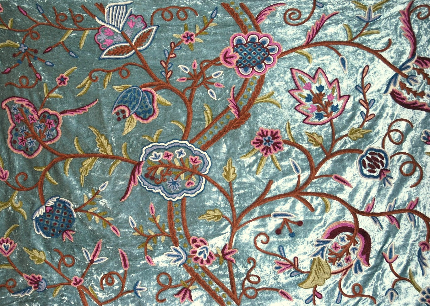 Chenille Velvet Crewel Embroidered Fabric Teal, Multicolor #CV402