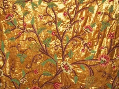 Kashmir Crewel Chenille Velvet Embroidered Fabric Gold, Muticolor #CV002