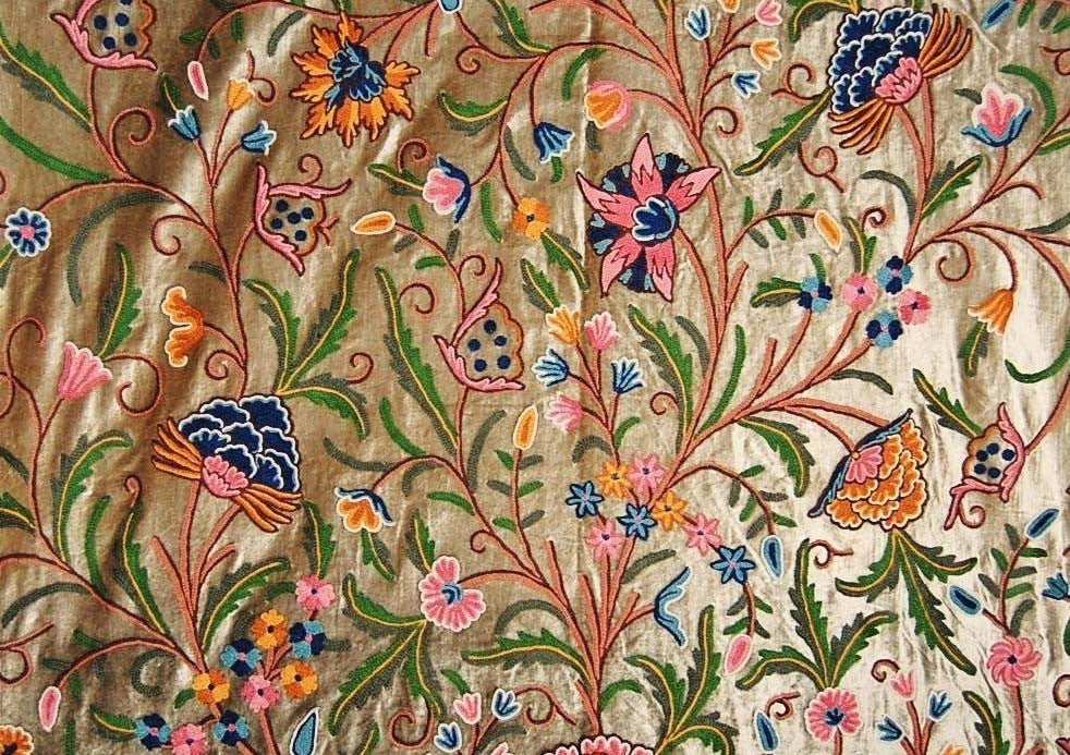 Kashmir Crewel Chenille Velvet Embroidered Fabric Olive, Multicolor #CV202