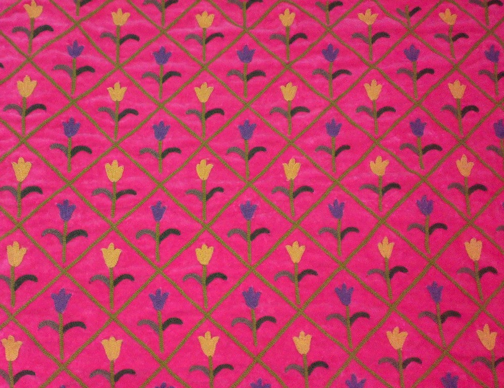 Chenille Velvet Crewel Embroidered Fabric Pink, Muticolor #CV004