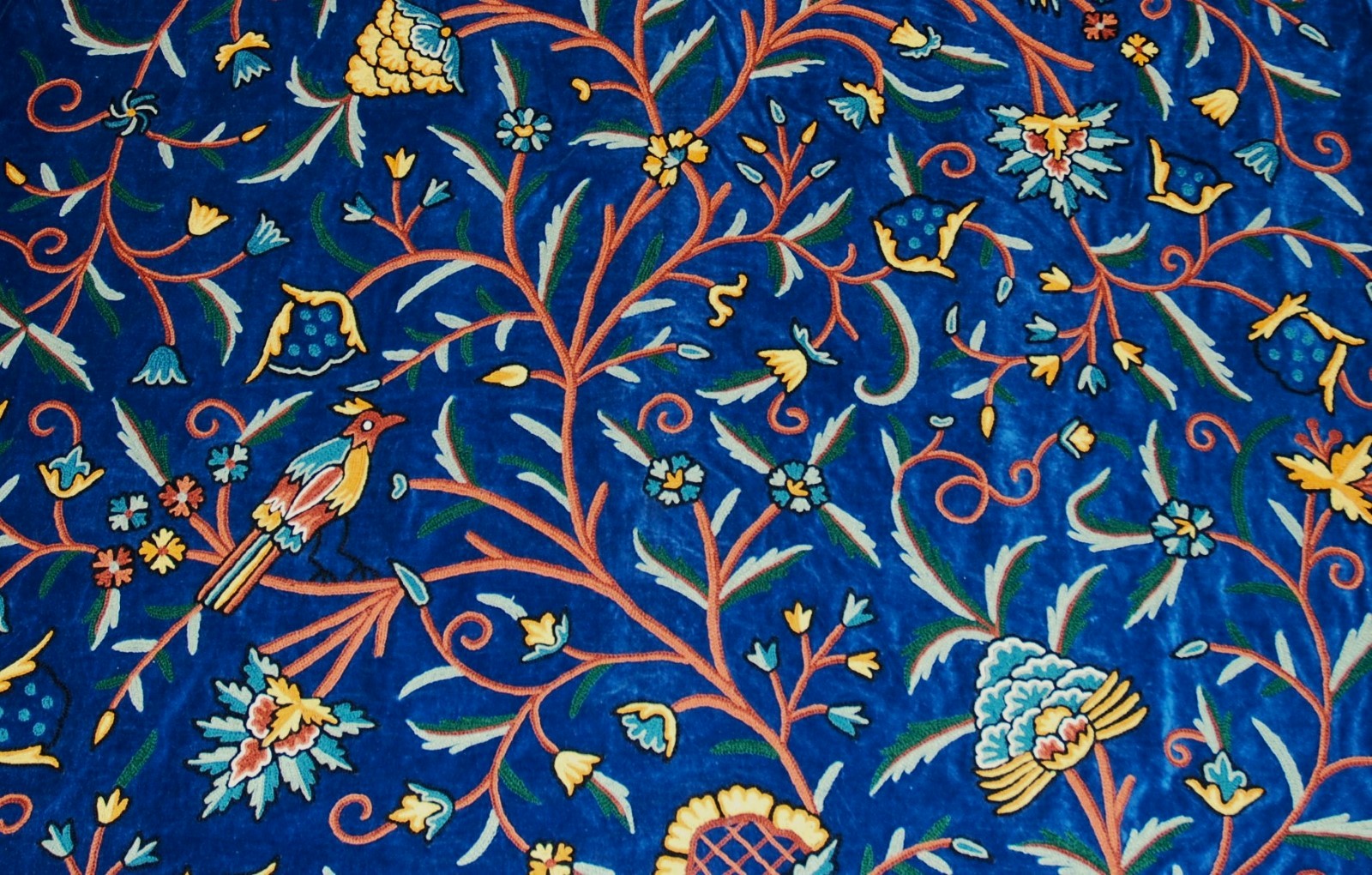 Kashmir Crewel Velvet Fabric Sapphire, Multicolor Wool Embroidery #CV205