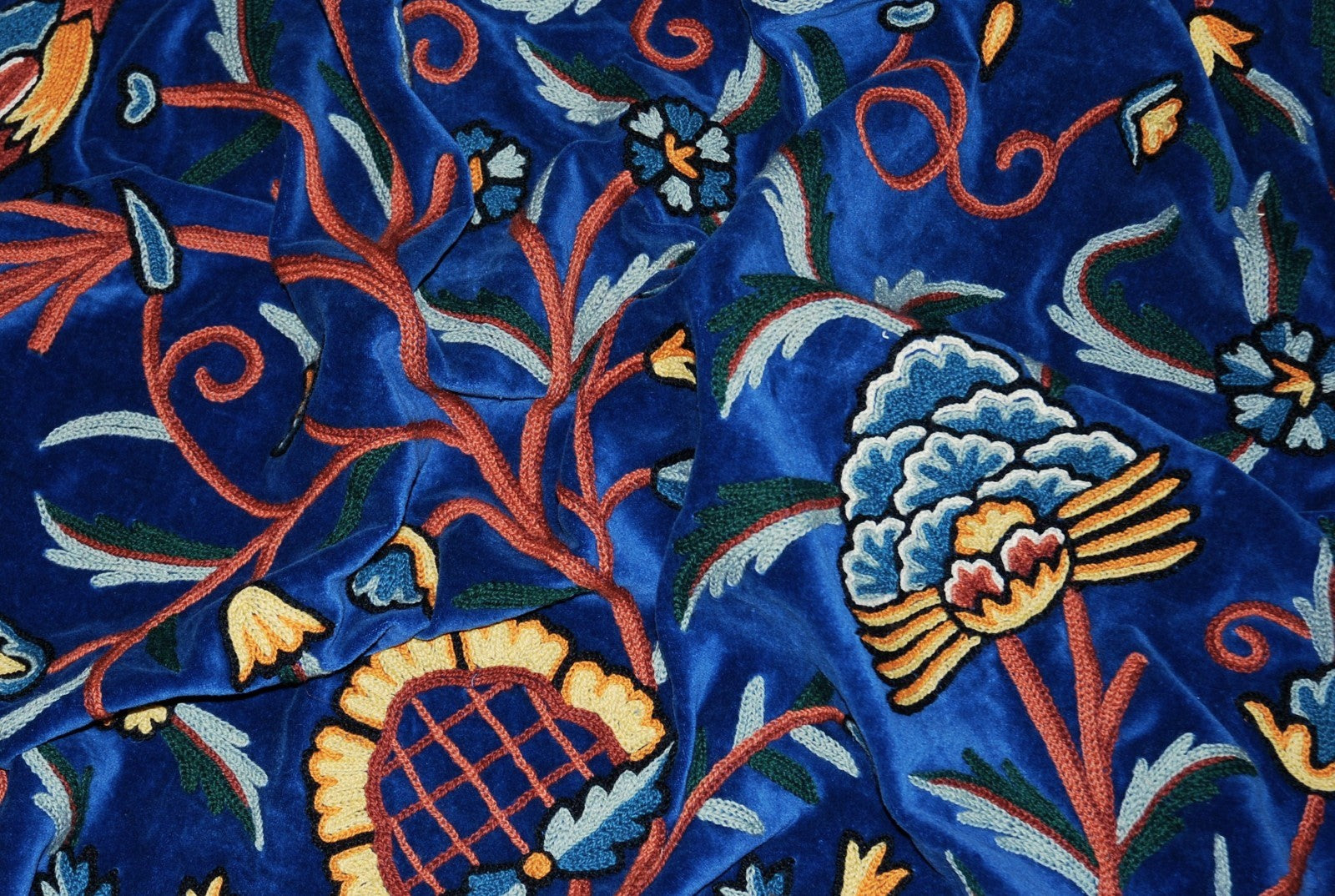 Kashmir Crewel Velvet Fabric Sapphire, Multicolor Wool Embroidery #CV205