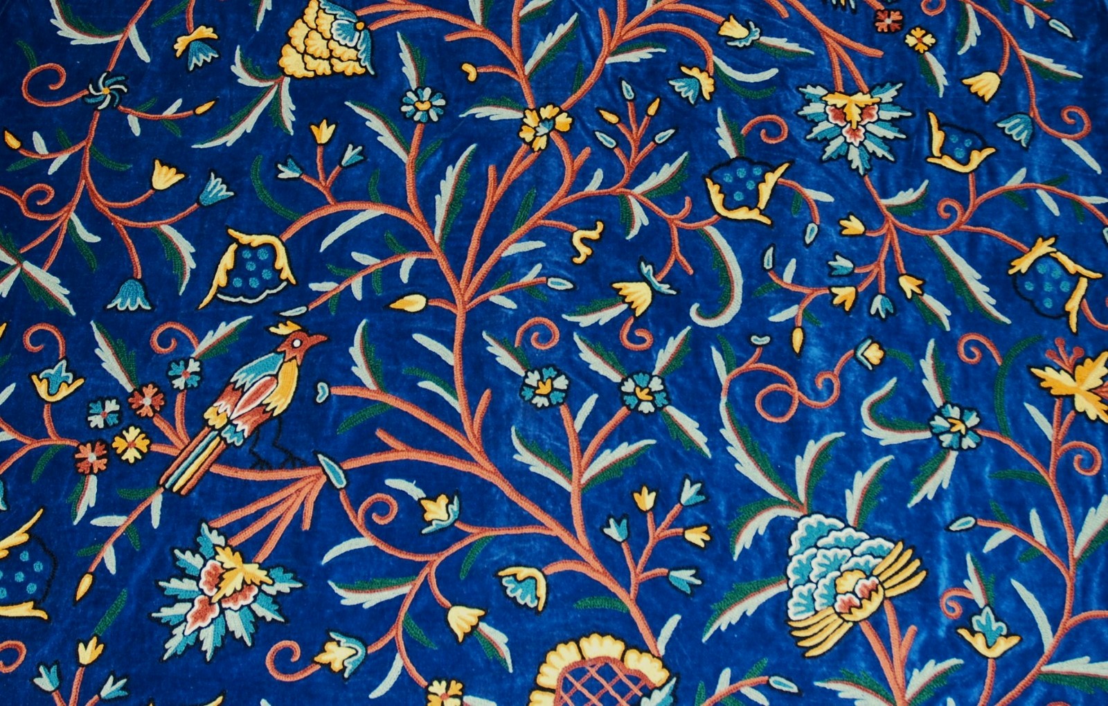 Kashmir Crewel Chenille Velvet Fabric Sapphire, Multicolor Wool Embroidery #CV205