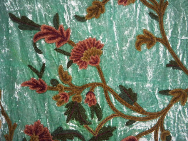 Chenille Velvet Crewel Embroidered Fabric Sea Green, Multicolor #CV001