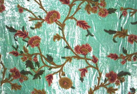 Chenille Velvet Crewel Embroidered Fabric Sea Green, Multicolor #CV001
