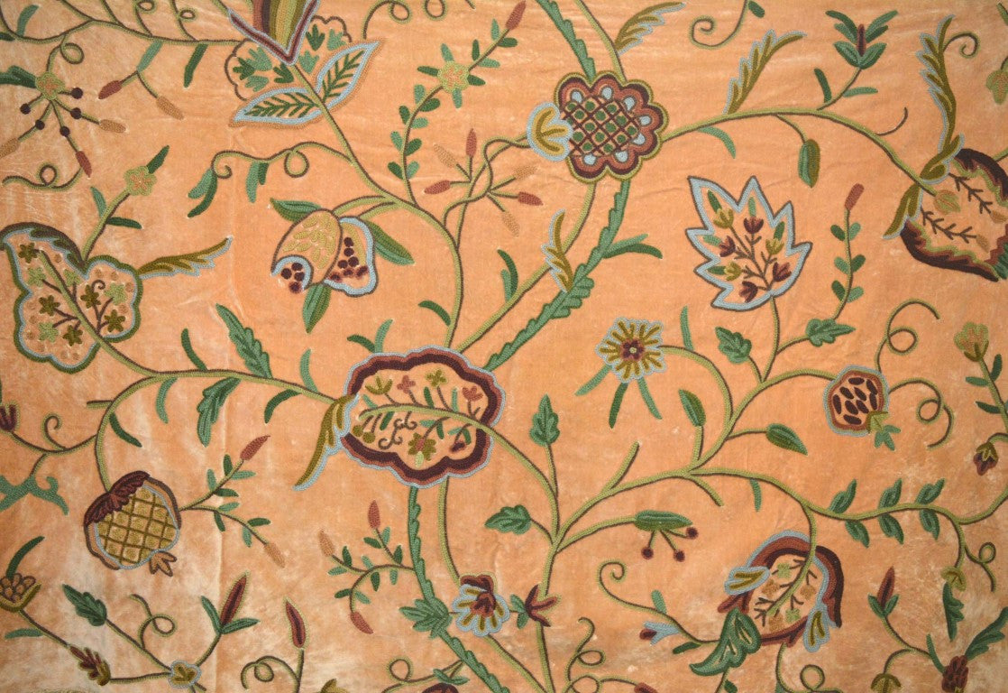 Velvet Crewel Embroidered Fabric "Watlab" Tan, Multicolor #CV305