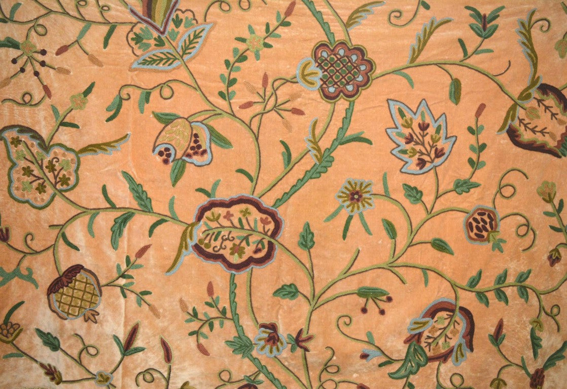 Chenille Velvet Crewel Embroidered Fabric "Watlab" Tan, Multicolor #CV305