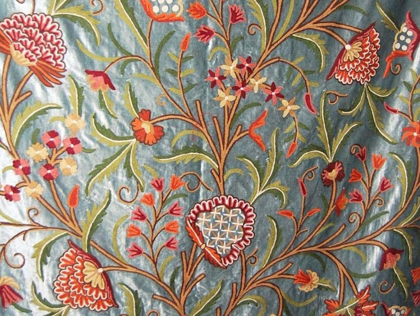 Velvet Crewel Work Fabric Teal, Multicolor Embroidery #CV201