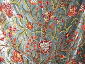 Chenille Velvet Crewel Work Fabric Teal, Multicolor Embroidery #CV201