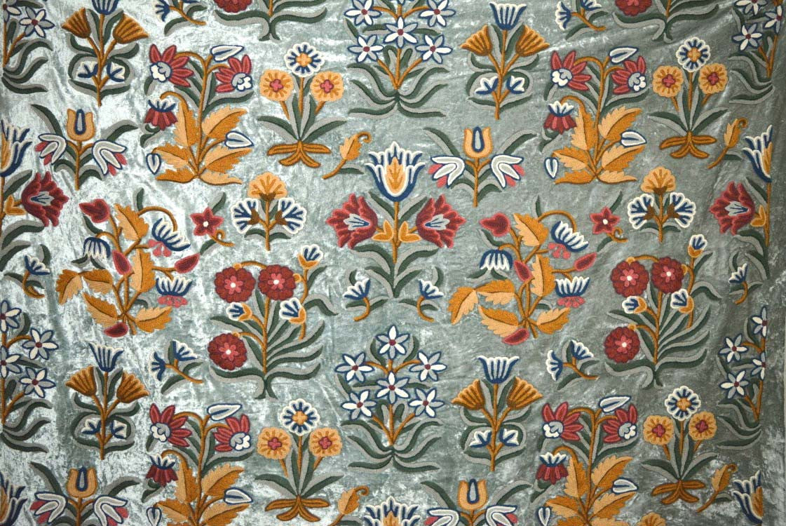 Velvet Crewel Embroidered Fabric Teal, Multicolor #CV602