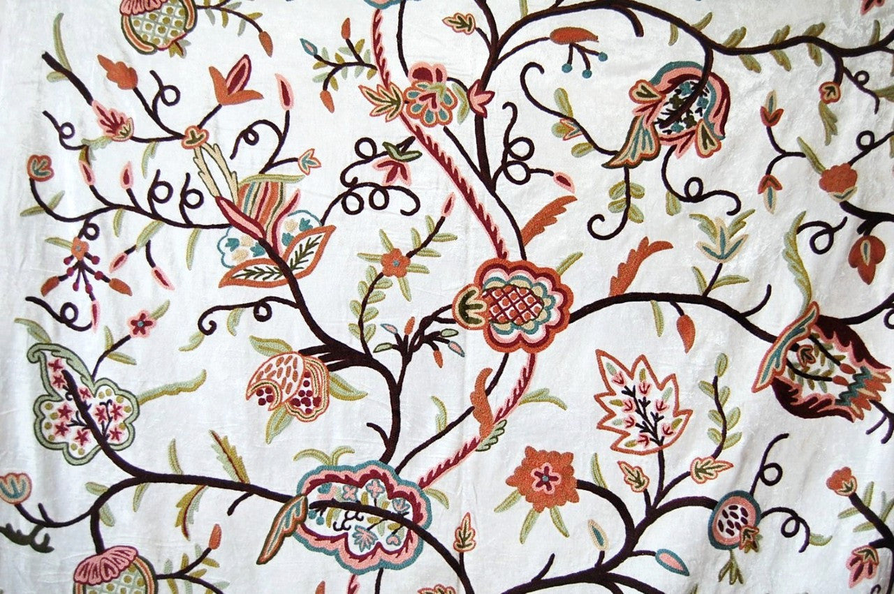 Chenille Velvet Crewel Embroidered Fabric White, Multicolor #CV301
