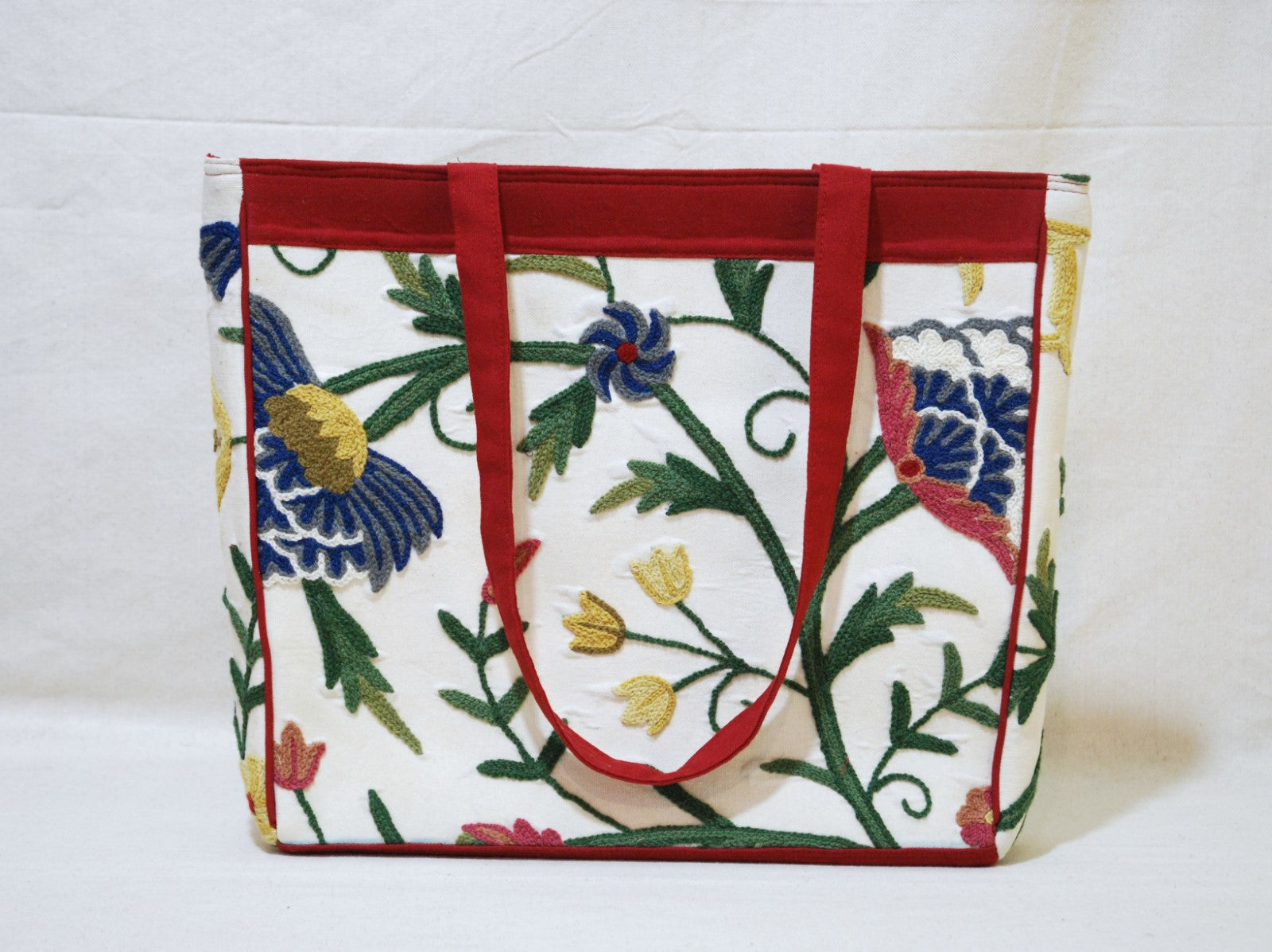 Crewel Embroidered Tote Bag, Shopping Carry Bag Cream, Multicolor #CBG302