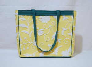 Crewel Embroidered Tote Bag, Shopping Carry Bag, White on Mustard #CBG512