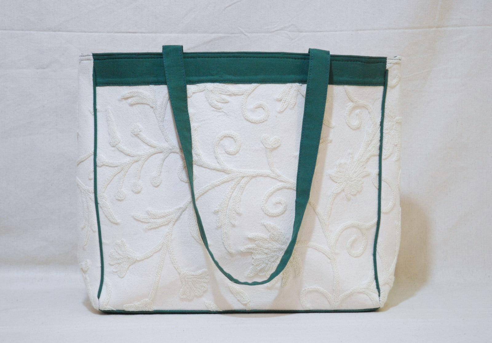 Crewel Embroidered Tote Bag, Shopping Carry Bag White #CBG552