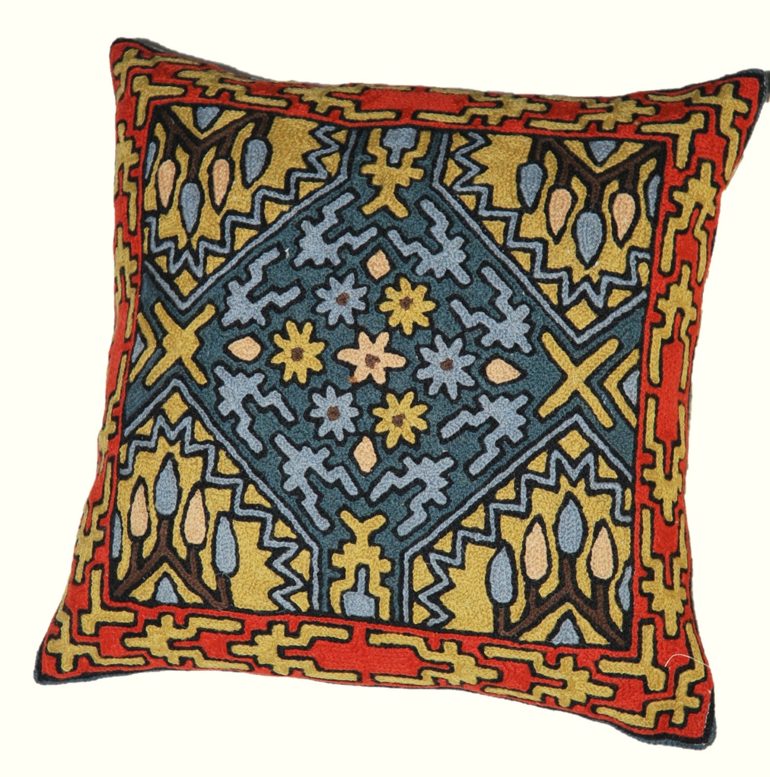 Crewel Wool Embroidered Cushion Throw Pillow Cover, Multicolor #CW1005