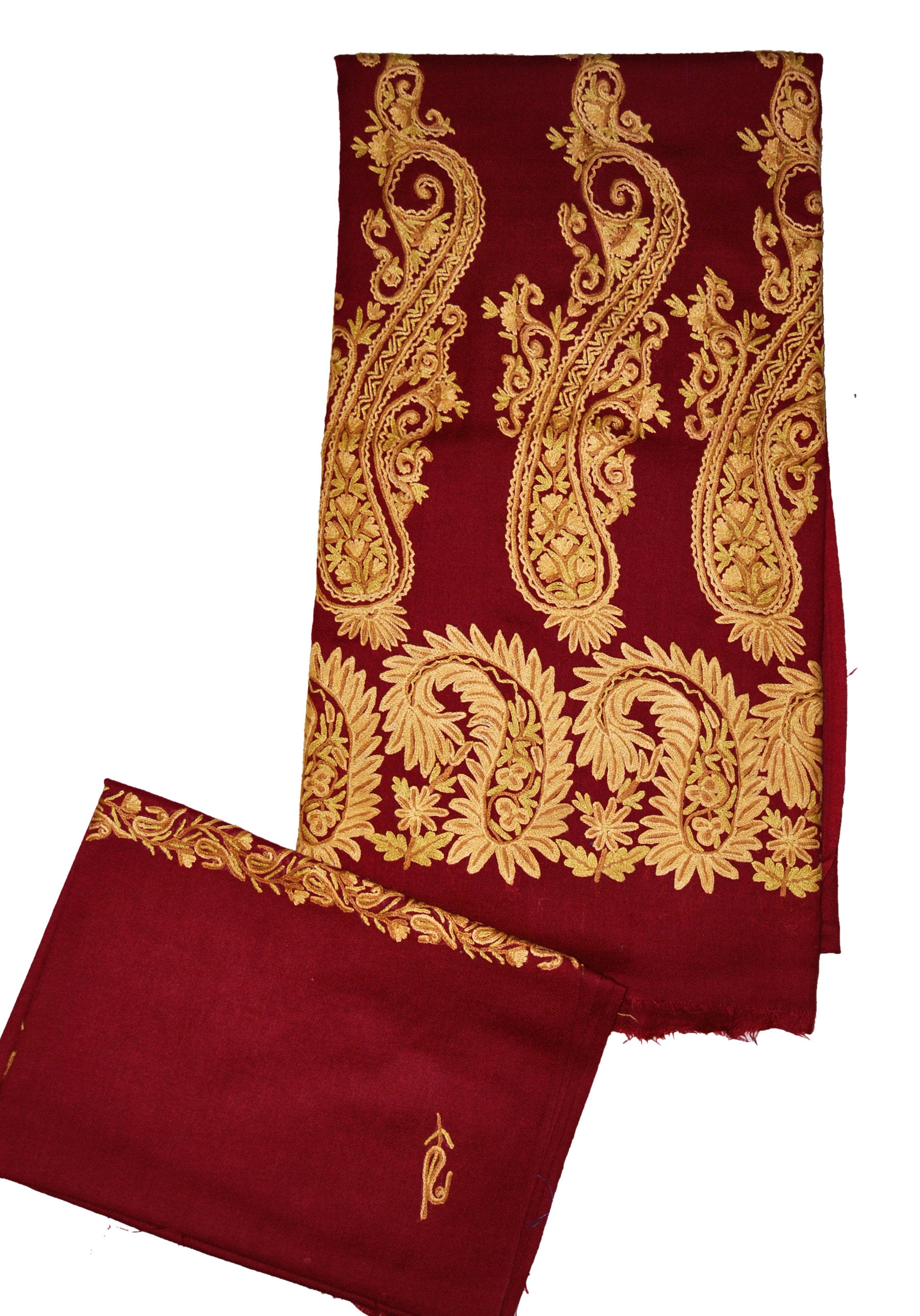 Woolen Salwar Kameez Suit Unstitched Fabric and Shawl Maroon, Rust Embroidery #FS-434