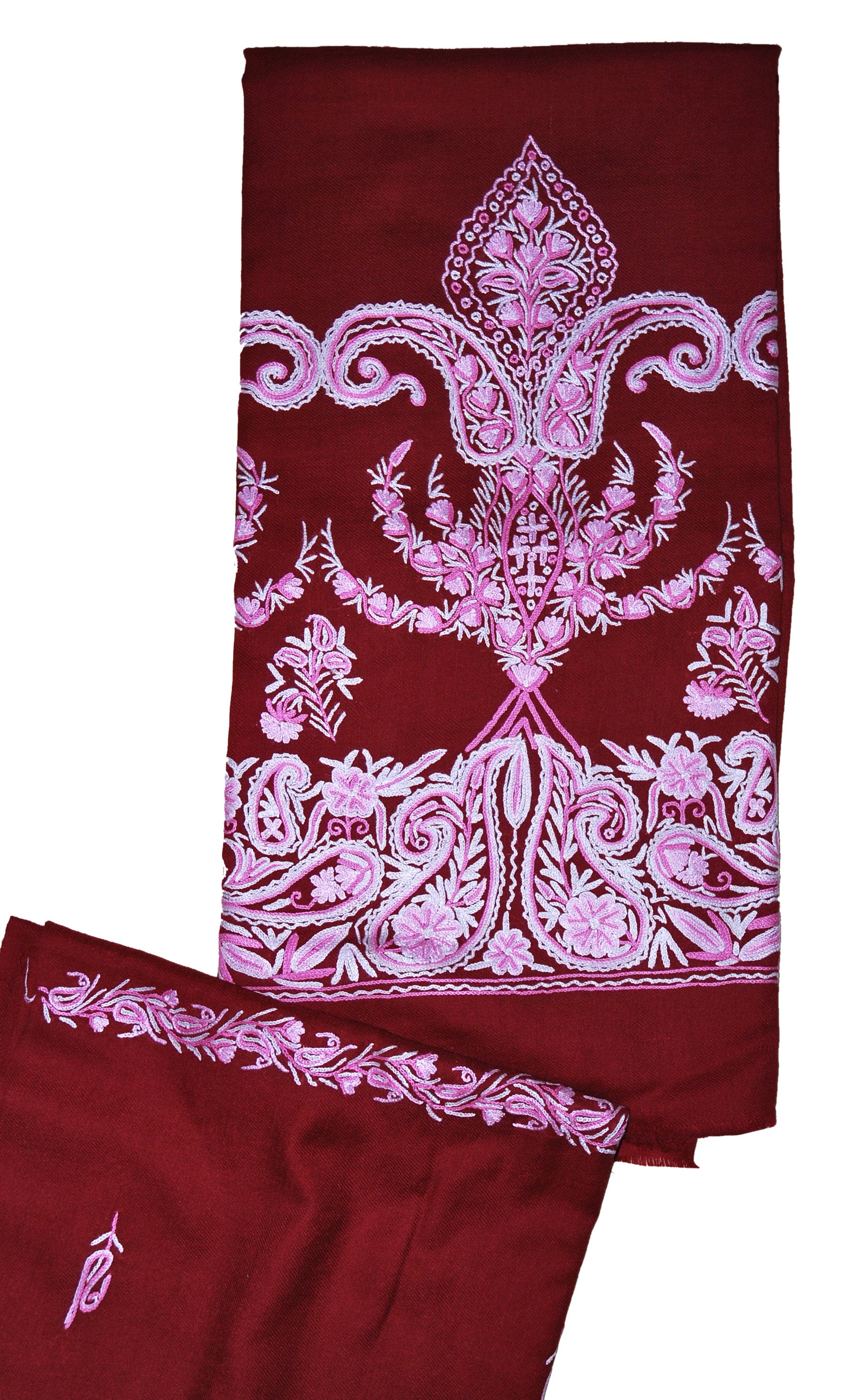 Woolen Salwar Kameez Suit Unstitched Fabric and Shawl Maroon, Pink and White Embroidery #FS-435